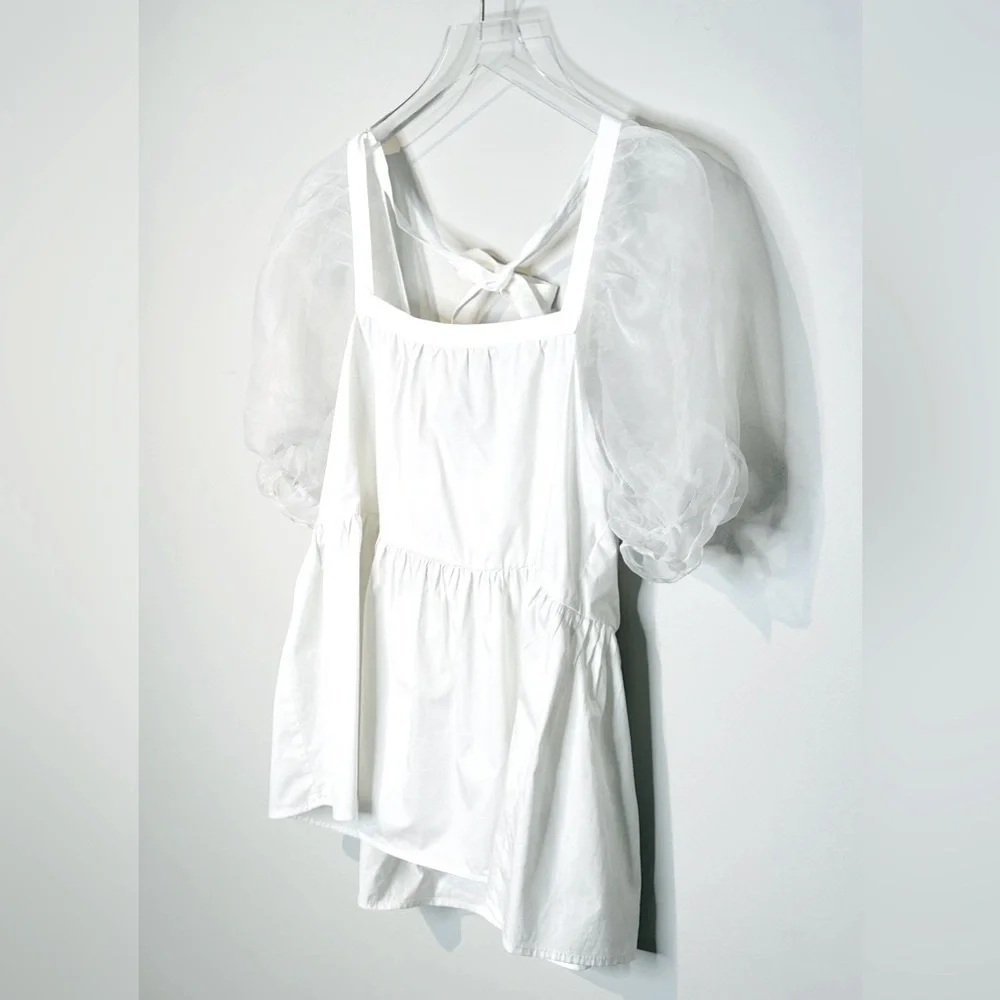 Tuckernuck Pomander Place Tinsley Organza Puff Sleeve White Top Shirt Blouse L - Picture 4 of 12